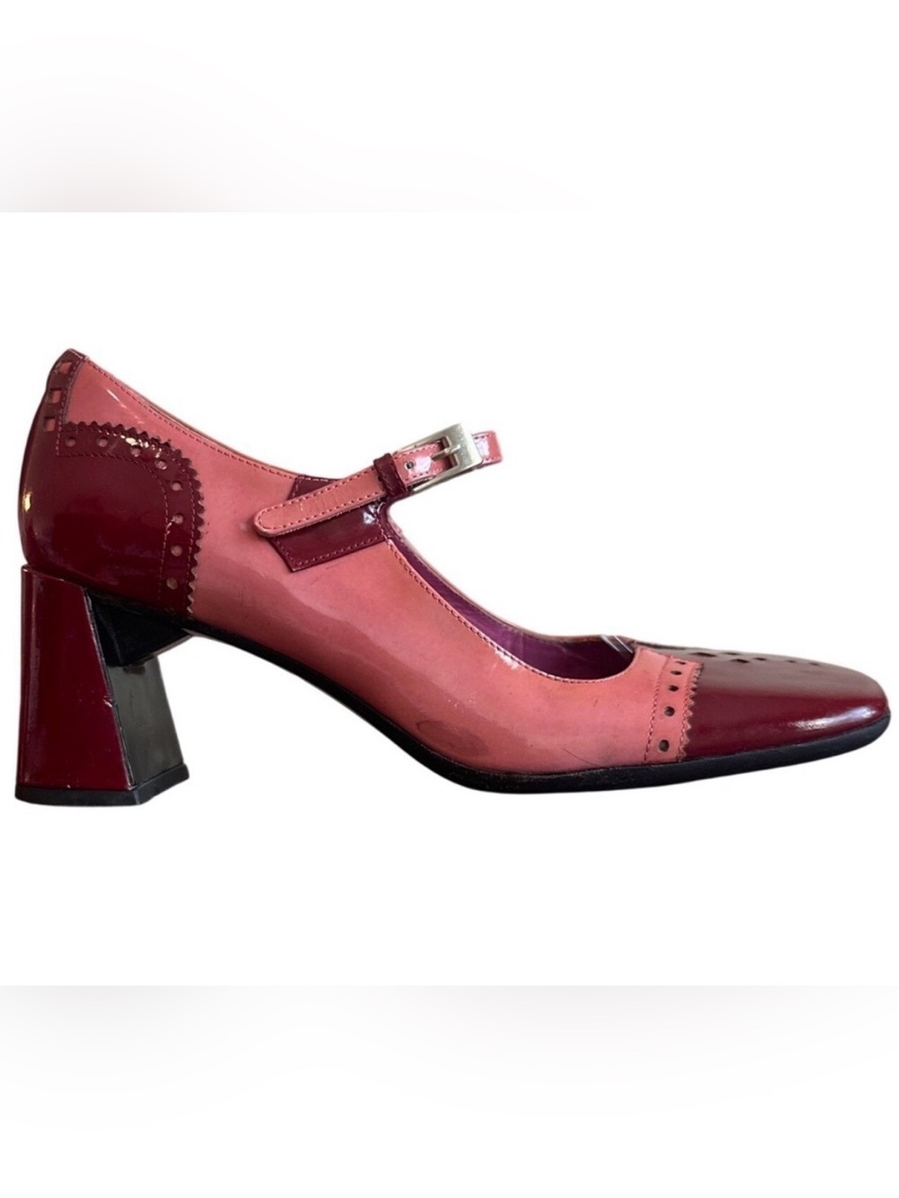 Vintage Prada Bicolor Patent Brogue Mary Jane Block Heel Pumps 36 Y2K